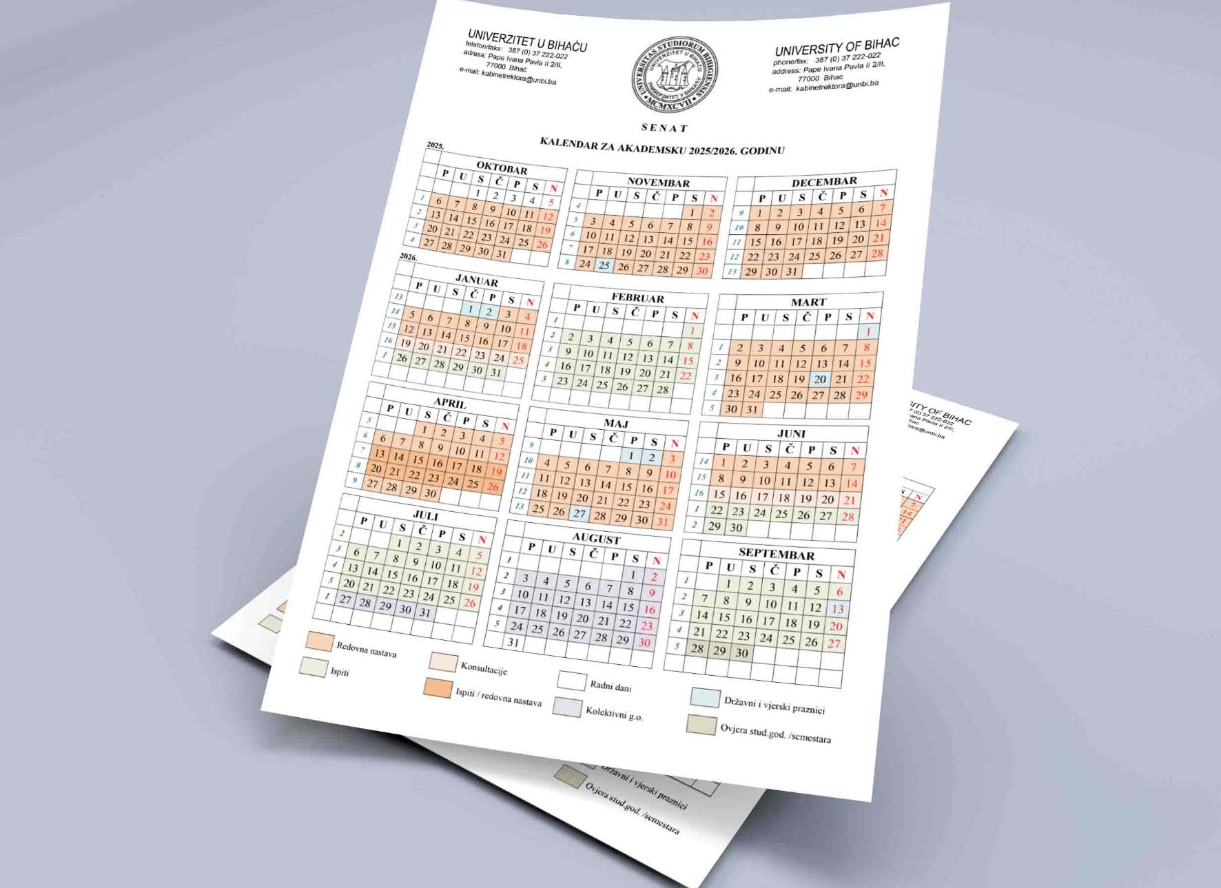 Akademski kalendar Univerziteta u Bihaću za 2025/2026. godinu